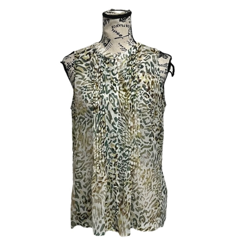 Liz Claiborne Green Animal Print Chiffon Pintuck Blouse MP Sheer Y2K Retro Boho - Picture 2 of 8